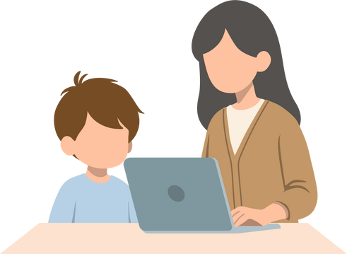 Mother Assisting Kid in Learning on Laptop.